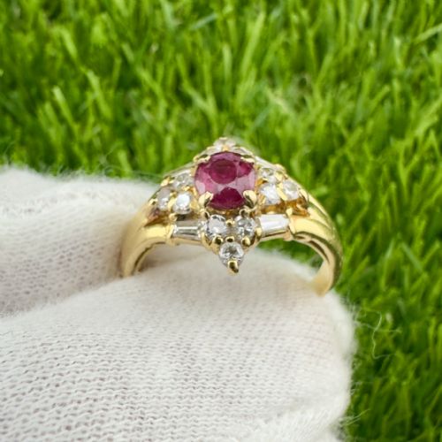 fig 1. 18ct Gold Ruby & Baguette & Round Cut Diamond Cluster Ring