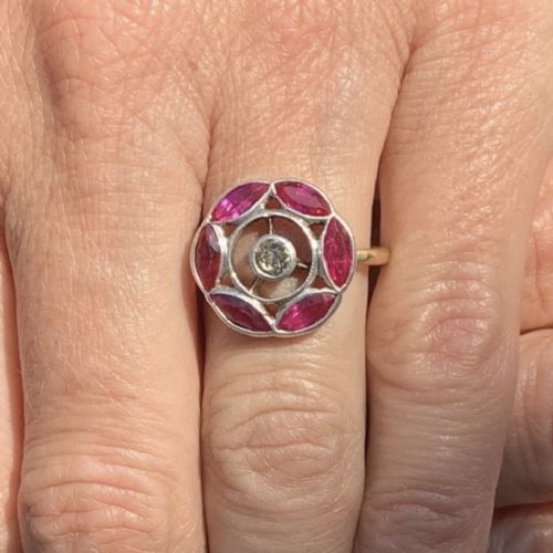 fig 1. 18ct Gold Art Deco Old Cut (0.20ct) Diamond and Marquise Cut Ruby Surround Cluster Ring, C1930's