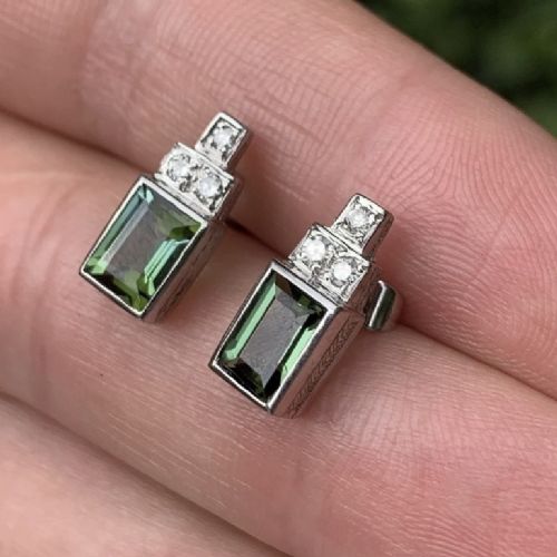 fig 1. 18ct White Gold Art Deco Green Tourmaline and Diamond Stud Earrings, C1920's