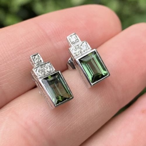 18ct White Gold Art Deco Green Tourmaline and Diamond Stud Earrings, C1920's