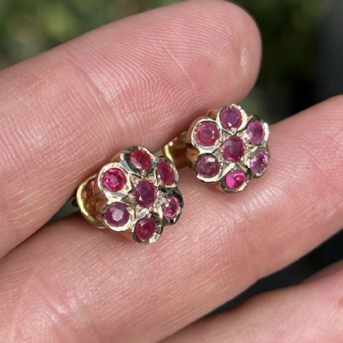 fig 1. 18ct Gold Ruby Flower Cluster Stud Earrings