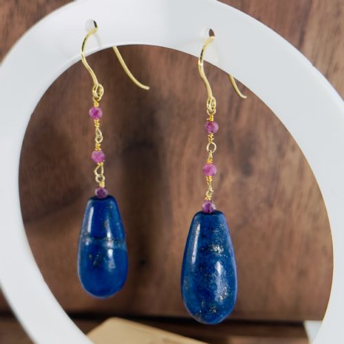 fig 1. 9ct Gold Lapis Lazuli and Ruby Bead Drop Dangly Earrings