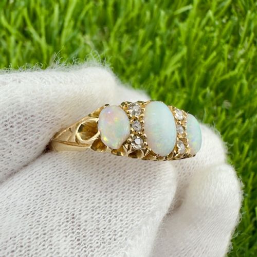 fig 1. 18ct Gold Edwardian Trio Opal and Diamond Cluster Ring