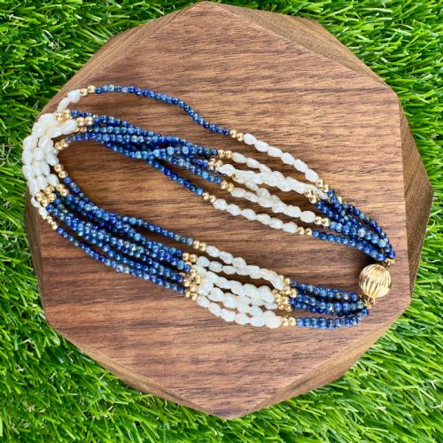 14ct Gold Lapis Lazuli and Baroque Pearl Beaded Bracelet