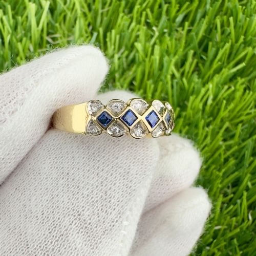 fig 1. 18ct Gold Sapphire and Diamond Geometric Patterned Half Eternity Ring