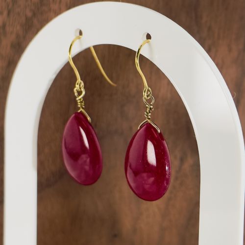 fig 1. 9ct Gold Pear Cut Cabochon Ruby Drop Earrings