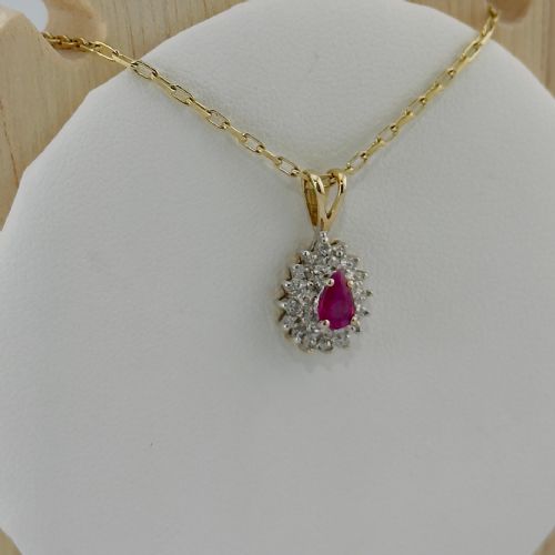 fig 1. 9ct Yellow Gold Pear Cut Ruby and Diamond Cluster Pendant Necklace