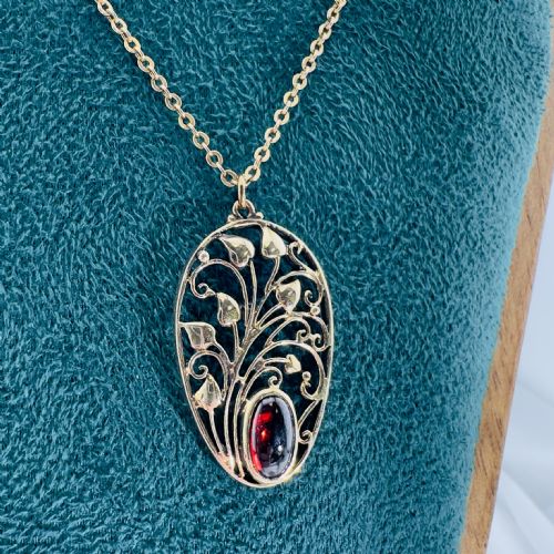 9CT ROSE GOLD ART NOUVEAU OVAL CUT CABOCHON GARNET PENDANT NECKLACE - ADDITIONAL PHOTO 1