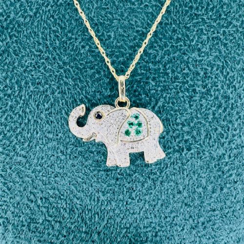 9CT GOLD EMERALD SAPPHIRE AND DIAMOND ELEPHANT CLUSTER PENDANT - ADDITIONAL PHOTO 1