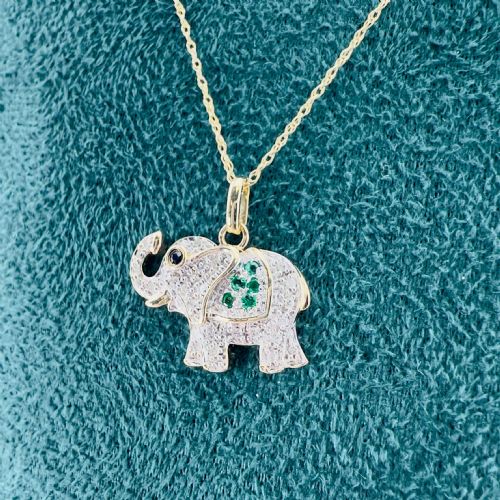 9CT GOLD EMERALD SAPPHIRE AND DIAMOND ELEPHANT CLUSTER PENDANT - ADDITIONAL PHOTO 2