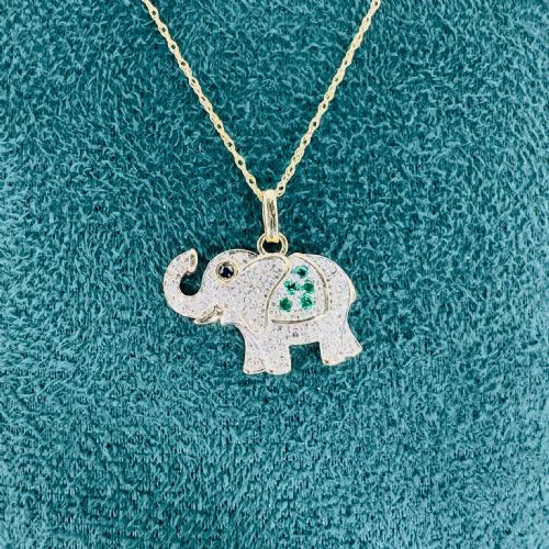 9CT GOLD EMERALD SAPPHIRE AND DIAMOND ELEPHANT CLUSTER PENDANT - ADDITIONAL PHOTO 4