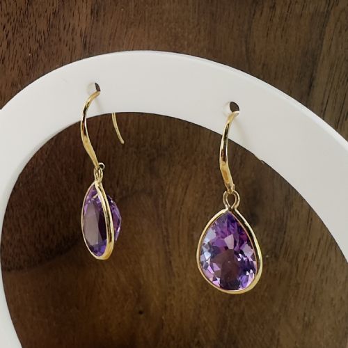 fig 1. 9ct Gold Large Pear Cut Amethyst Drop Earrings