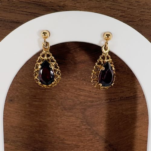 9CT GOLD VINTAGE PEAR CUT GARNET DROP DANGLY STUD EARRINGS - ADDITIONAL PHOTO 7