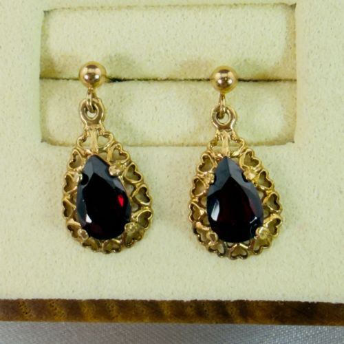 9CT GOLD VINTAGE PEAR CUT GARNET DROP DANGLY STUD EARRINGS - ADDITIONAL PHOTO 6