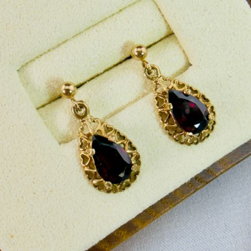 9CT GOLD VINTAGE PEAR CUT GARNET DROP DANGLY STUD EARRINGS - ADDITIONAL PHOTO 8