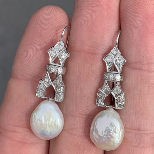 fig 1. Platinum Art Deco Baroque Pearl and Diamond Cluster Drop Earrings C.1920's