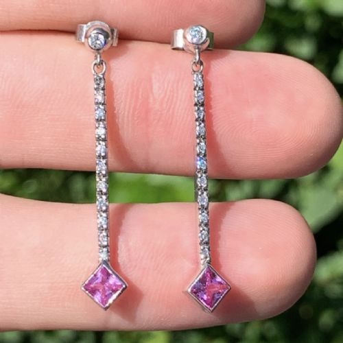 fig 1. 18ct White Gold Vintage Princess Cut Pink Sapphire and Diamond Drop Earrings