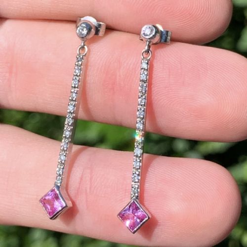 18ct White Gold Vintage Princess Cut Pink Sapphire and Diamond Drop Earrings