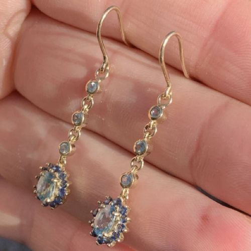 fig 1. A pair of 9ct yellow gold drop earrings featuring vertically linked bezel-set gemstones terminating in oval blue and green sapphire cluster pendants.