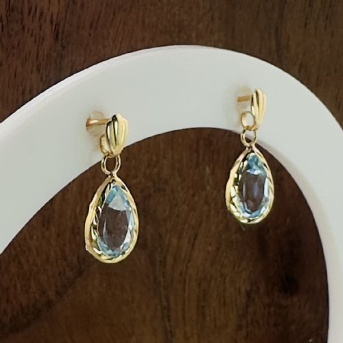9CT GOLD PEAR CUT BLUE TOPAZ DANGLY STUD EARRINGS - ADDITIONAL PHOTO 4