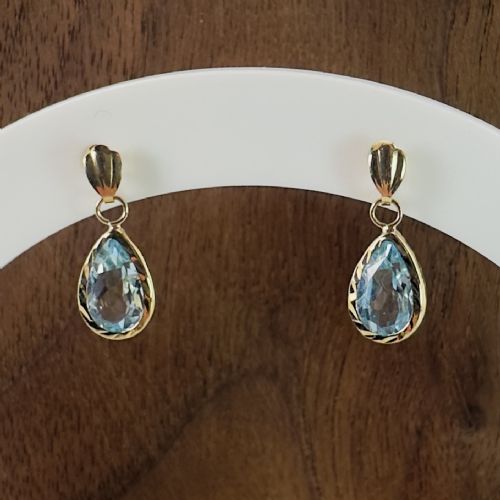 9CT GOLD PEAR CUT BLUE TOPAZ DANGLY STUD EARRINGS - ADDITIONAL PHOTO 5