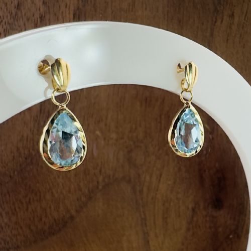 9CT GOLD PEAR CUT BLUE TOPAZ DANGLY STUD EARRINGS - ADDITIONAL PHOTO 6