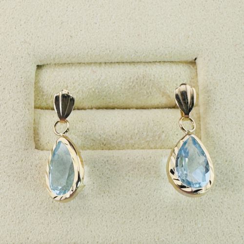 9CT GOLD PEAR CUT BLUE TOPAZ DANGLY STUD EARRINGS - ADDITIONAL PHOTO 7