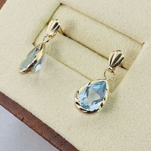9CT GOLD PEAR CUT BLUE TOPAZ DANGLY STUD EARRINGS - ADDITIONAL PHOTO 8