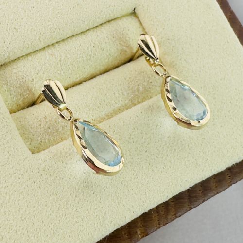 9CT GOLD PEAR CUT BLUE TOPAZ DANGLY STUD EARRINGS - ADDITIONAL PHOTO 9
