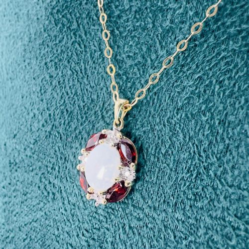 fig 1. 10ct Gold Vintage Opal, Diamond and Garnet Cluster Pendant Necklace