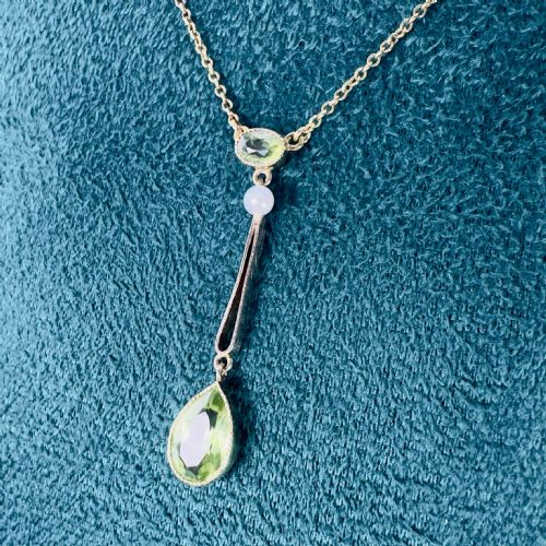 9CT GOLD ART NOUVEAU PERIDOT AND PEARL LAVALIER PENDANT NECKLACE C1890 - ADDITIONAL PHOTO 1