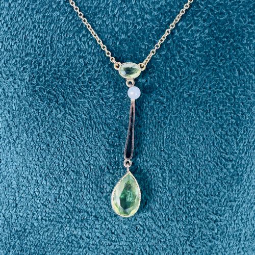 9CT GOLD ART NOUVEAU PERIDOT AND PEARL LAVALIER PENDANT NECKLACE C1890 - ADDITIONAL PHOTO 2