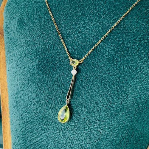 9CT GOLD ART NOUVEAU PERIDOT AND PEARL LAVALIER PENDANT NECKLACE C1890 - ADDITIONAL PHOTO 3