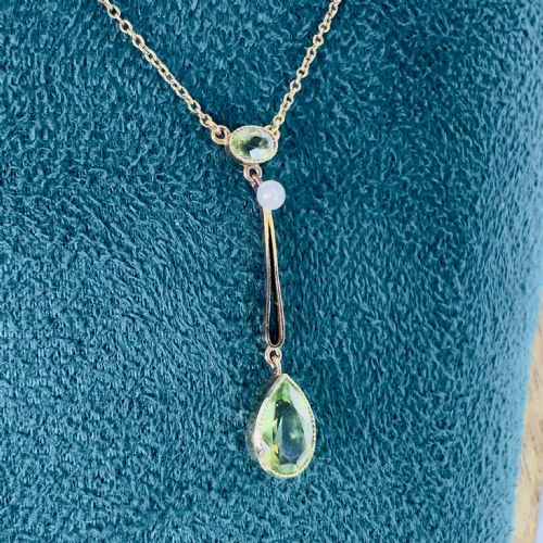9CT GOLD ART NOUVEAU PERIDOT AND PEARL LAVALIER PENDANT NECKLACE C1890 - ADDITIONAL PHOTO 4