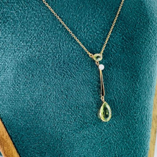 9CT GOLD ART NOUVEAU PERIDOT AND PEARL LAVALIER PENDANT NECKLACE C1890 - ADDITIONAL PHOTO 5