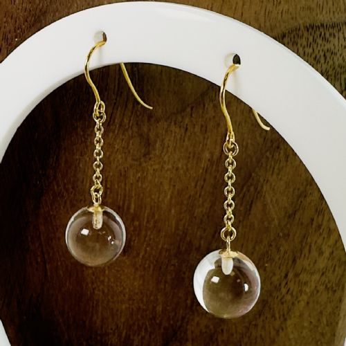9CT GOLD SPHERICAL ROCK CRYSTAL DANGLY DROP EARRINGS - ADDITIONAL PHOTO 1