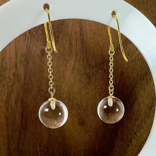 9CT GOLD SPHERICAL ROCK CRYSTAL DANGLY DROP EARRINGS - ADDITIONAL PHOTO 3