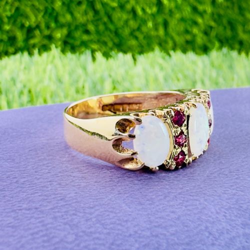 fig 1. 9ct Gold Vintage Three Stone Opal and Ruby Ring