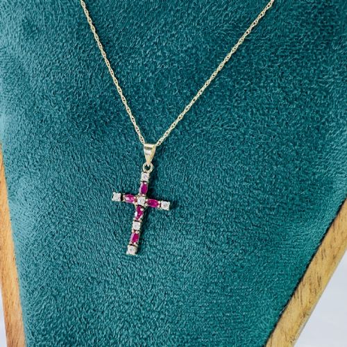 fig 1. 9ct Gold Ruby and White Spinel Cross Pendant Necklace