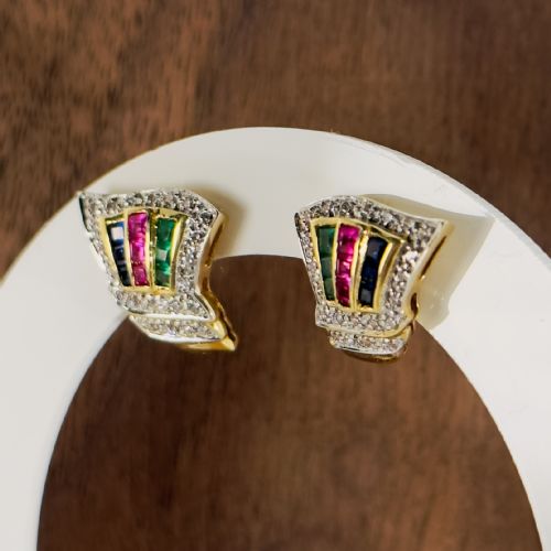 fig 1. 18ct Gold Emerald, Ruby, Sapphire and Diamond Cluster Stud Earrings 5.7g