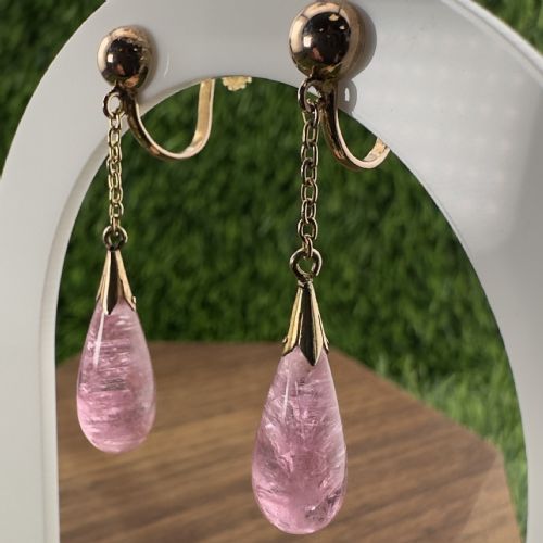 fig 1. 19ct Rose Gold Russian Imperial Pear Cut Pink Quartz Drops Screw Back Earring
