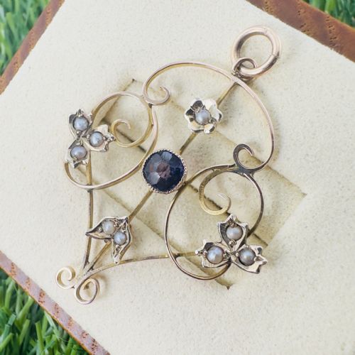 9CT GOLD ART NOUVEAU AMETHYST AND PEARL PENDANT - ADDITIONAL PHOTO 1
