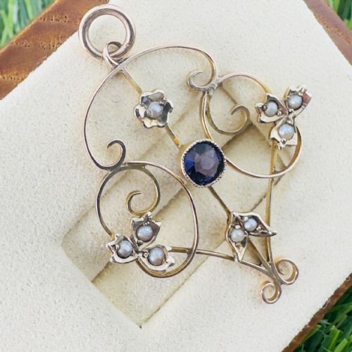 9CT GOLD ART NOUVEAU AMETHYST AND PEARL PENDANT - ADDITIONAL PHOTO 2