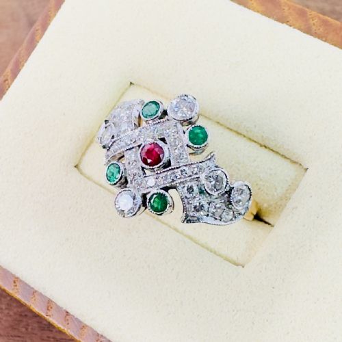 fig 1. 18ct Gold Ruby, Emerald and Diamond (1.00ct) Cluster Ring