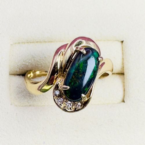 fig 1. 14ct Gold Black Boulder Opal and Diamond Cluster Ring