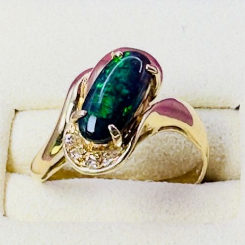 14ct Gold Black Boulder Opal and Diamond Cluster Ring