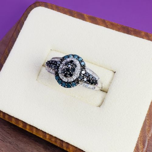 fig 1. 9ct White Gold Vintage Blue and White Natural Diamond (1.00ct) Cluster Ring