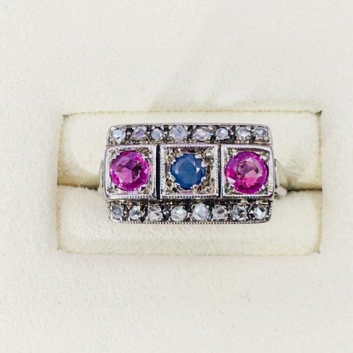 fig 1. 18ct White Gold Art Deco Sapphire, Ruby and Diamond Cluster Ring C.1920's