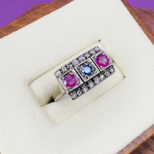 18ct White Gold Art Deco Sapphire, Ruby and Diamond Cluster Ring C.1920's