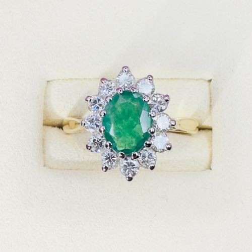 18ct Gold Emerald and Diamond (0.85ct) Halo Cluster Ring